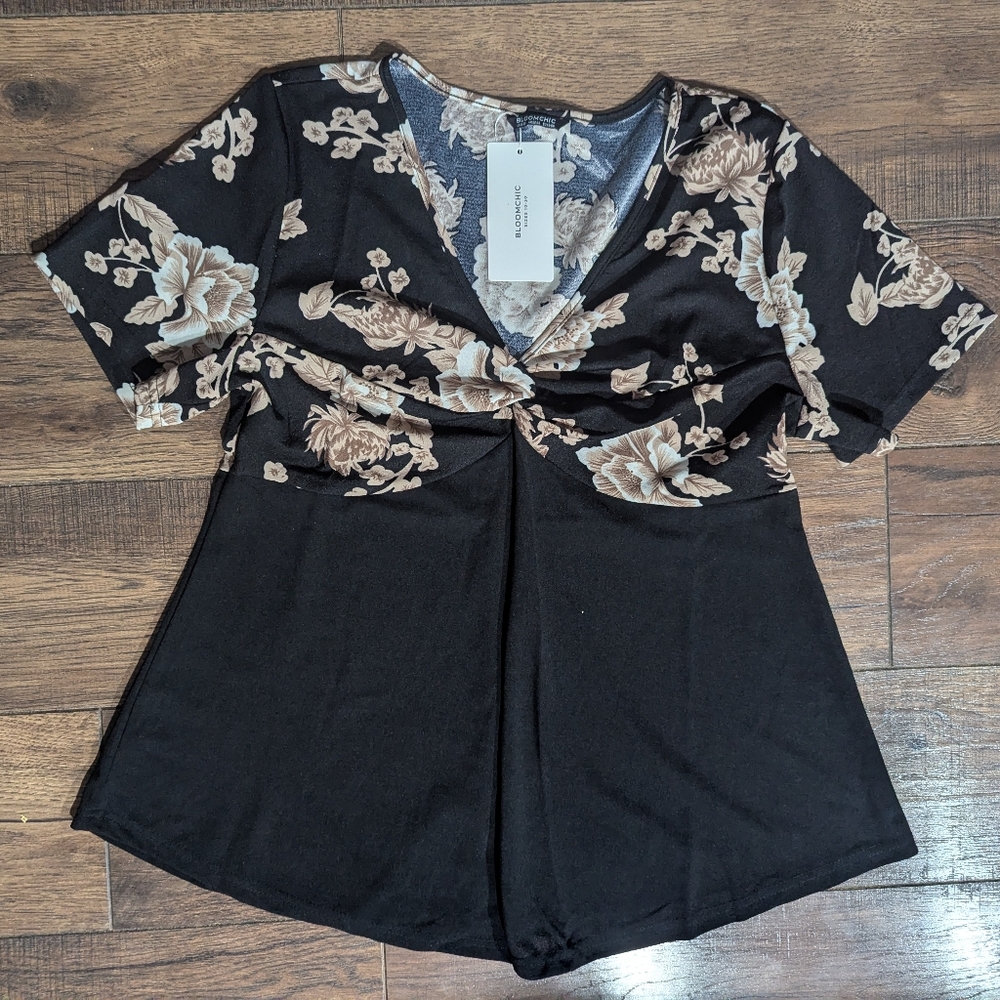 Bloom Chic Womens Plus Black & Taupe Floral Rayon Blouse Sz 18-20 NWT Front Knot